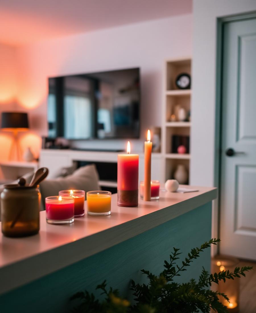 Colourful candles lit in a cosy living room