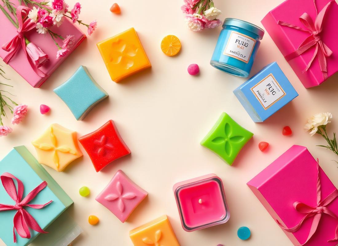 Flat lay of colourful wax melts, candles and packaging