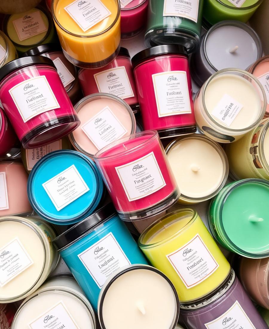 Grouped collection of colourful scented candles with fragrance labels